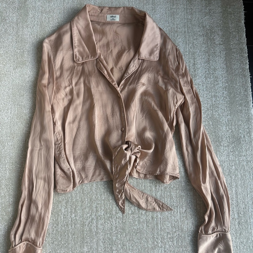 Silk Knot Front Blouse - Tan